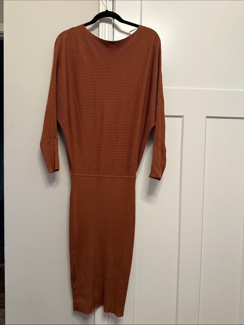 Express Long Sleeve Ribbed Midi Dress in Rust - Picture 2 of 3